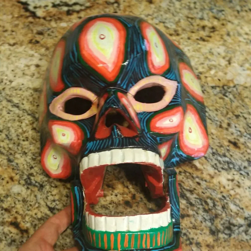 GUATEMALAN MEXICAN MOVABLE SKULL MASK TRANSFORMATION WOODEN FOLK ART HAND CARVED